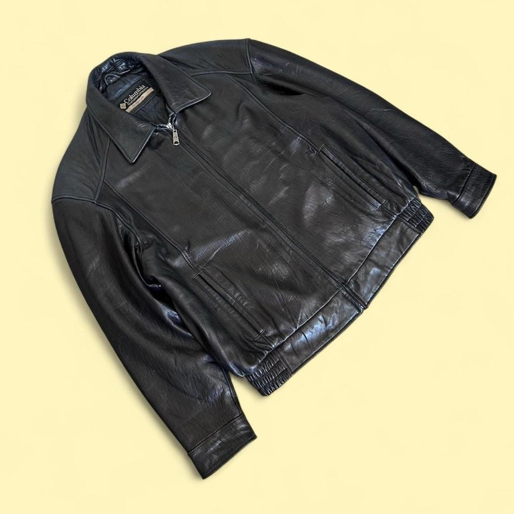 Vintage Black Columbia Leather Bomber Jacket XL Minimal Classic Heavyweight